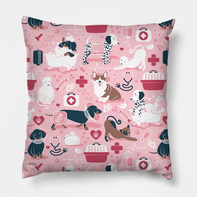 Veterinary medicine, happy and healthy friends // pattern // pastel pink background red details navy blue white and brown cats dogs and other animals Pillow by SelmaCardoso