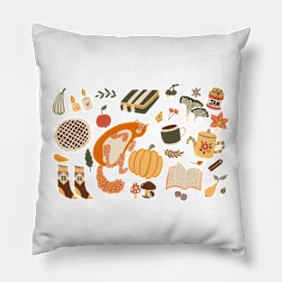 Cozy fall elements with orange cat, pumpkin, warm socks Pillow