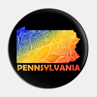 Colorful mandala art map of Pennsylvania with text in blue, yellow, and red Pin