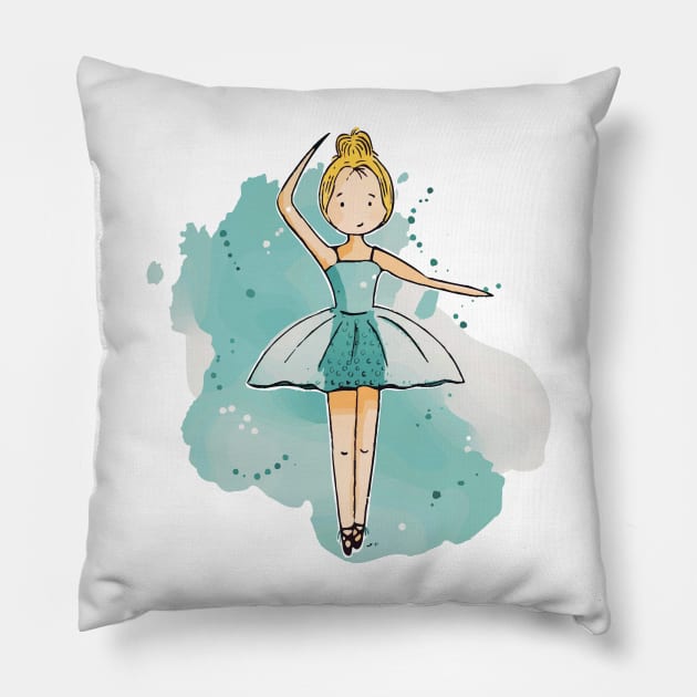 Cute ballerina girl with blue tutu Pillow by Sissely