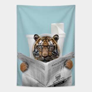 Tiger Reading Newspaper in Toilet Tapestry