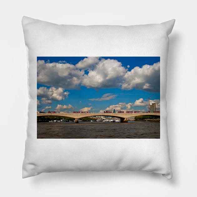 Red London Buses Waterloo Bridge England Pillow by AndyEvansPhotos