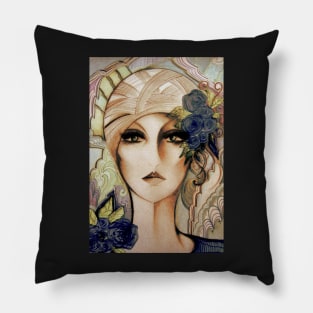 70S ART DECO DOLLY IN TURBAN , MUTED SHADES FLOWERS Pillow