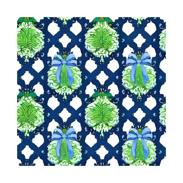 Topiaries on navy blue lattice by SophieClimaArt