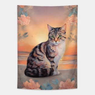 Floral Cat Pastel With Beautiful Sunset Tapestry