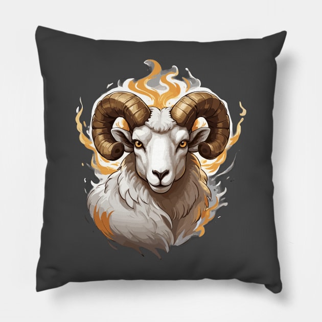 Farm Ram Sheep with Large Horns and Fire Pillow by Rossie Designs