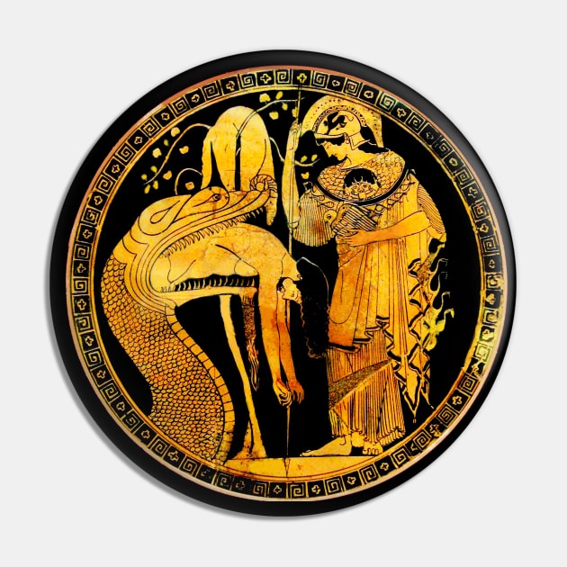DRAGON DISGORGES THE HERO JASON AND ATHENA Ancient Greek Attic red Figure Pin by BulganLumini