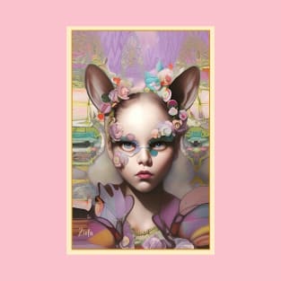 Stunning pop surrealism dream painting of a girl with flowers and ears of a cat T-Shirt