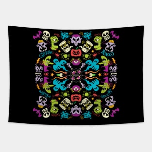 Spooky Halloween characters and symbols celebrating in a colorful pattern design Tapestry