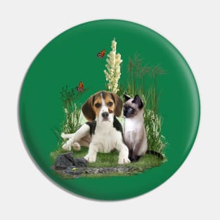 Cute Beagle Puppy & Siamese Kitten & Butterflies Pin