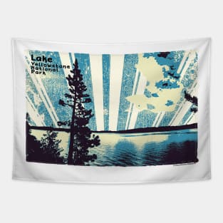 Retro Lake Yellowstone in blue Tapestry