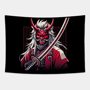 Japanese Samurai with ancient ghost mask: 日本古代のお化けの面 Tapestry