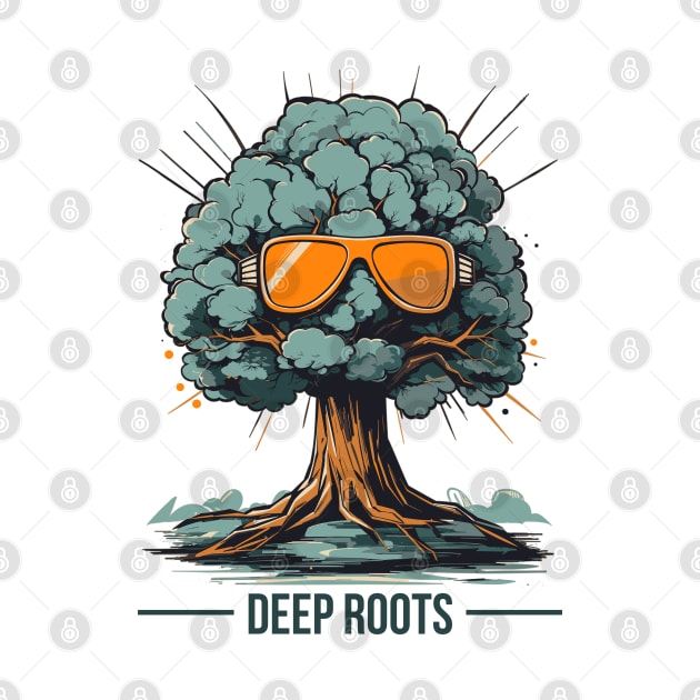 Animated tree with leafy glasses and text "deep roots" by Casually Fashion Store