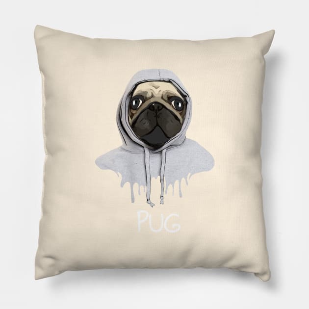 Pug, pug face and hooded sweatshirt, pug lovers, gift for pug lovers Pillow by Collagedream