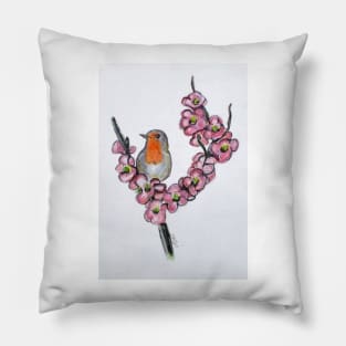 Robin And Peach Blossoms Pillow