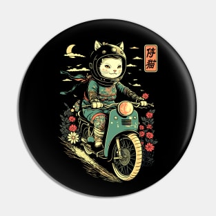 Japanese Samurai Cat on Motorcycle Kawaii Ninja Cat Pin