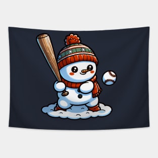 Cute snowman playing Baseball Tapestry