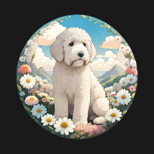 White Doodle Dog In A Field Of Spring Flowers by Pet And Petal