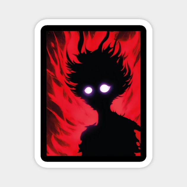 A red black shadow in an anime style with red eyes and flames behind it. Magnet by mouhamed22