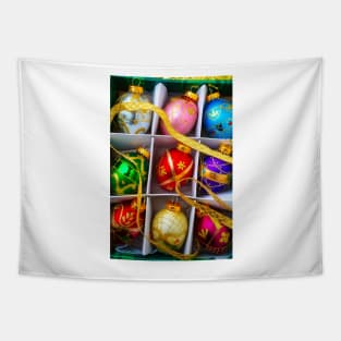 Gold Ribbon And Box Of Ornaments Tapestry