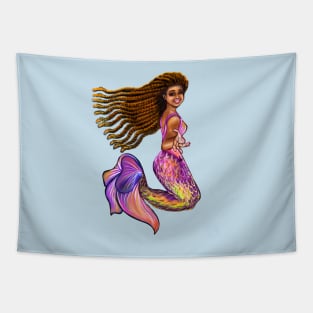 Best mermaid gifts 2022. Mermaid  with rainbow coloured colored fins, braids, outstretched  arm, brown eyes, Curly hair  and caramel brown skin - light background Tapestry