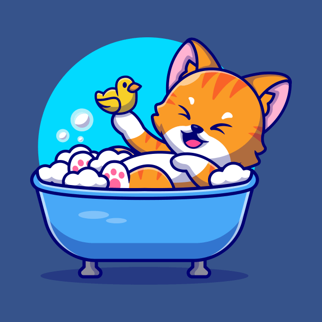 Cute Cat Bath In The Bath Tub With Duck Toys Cartoon by Catalyst Labs