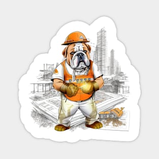 A Carpenter English Bulldog standing on a construction site, holding a blueprint and pointing Magnet