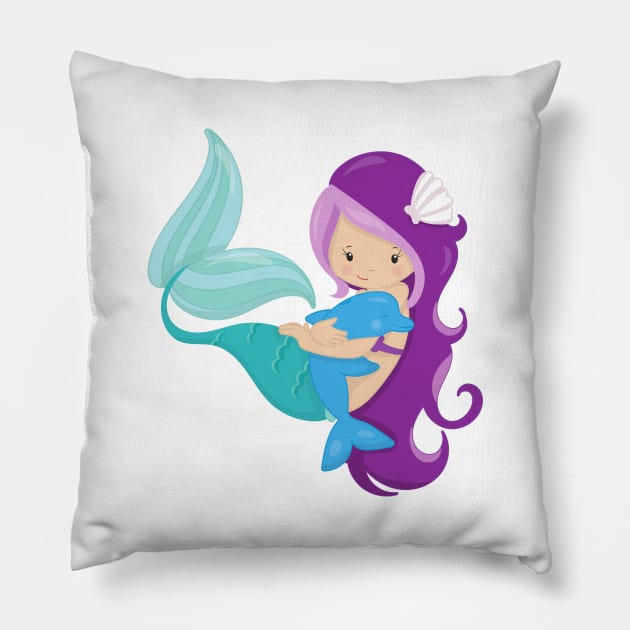 Cute Mermaid, Little Mermaid, Purple Hair, Dolphin Pillow by Jelena Dunčević