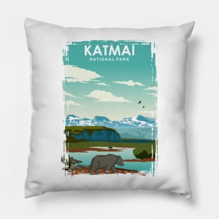 Katmai National Park vintage retro travel poster art Pillow