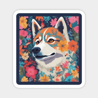 Garden Husky, Siberian Husky with Flowers Magnet