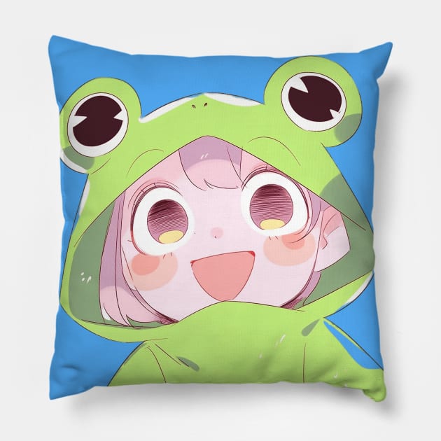 Anime Frog Raincoat Girl Pillow by ribbitpng