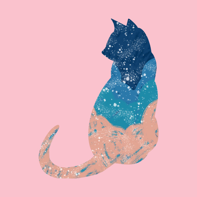 Pink And Blue Clouds Cat With color Background by missmann