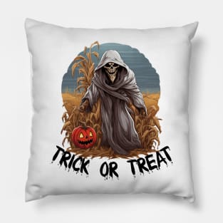 Grim Reaper In A Cornfield - Trick Or Treat (Black Lettering) Pillow