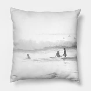 Three Girls Surfing  Seashore Pillow