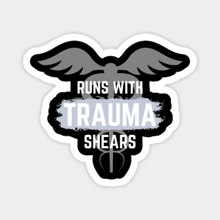 Runs with trauma shears blue and white text with caduceus design Magnet