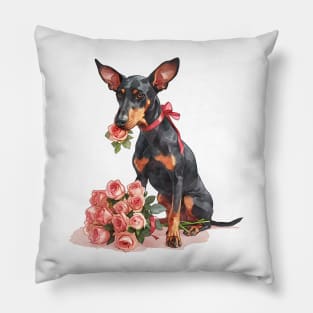 Valentine Doberman Pinscher Dog Giving Flowers Pillow