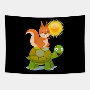 The squirrel is riding on a turtle Tapestry