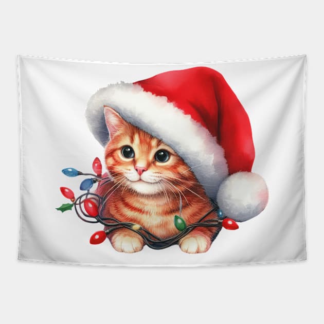 Cat Wrapped In Christmas Lights Tapestry by Chromatic Fusion Studio