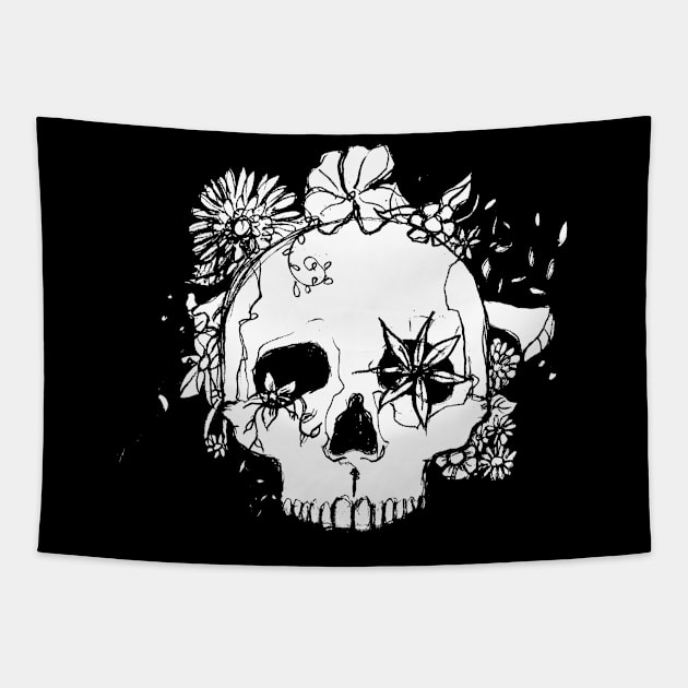 skull and flowers Tapestry by MerryDee