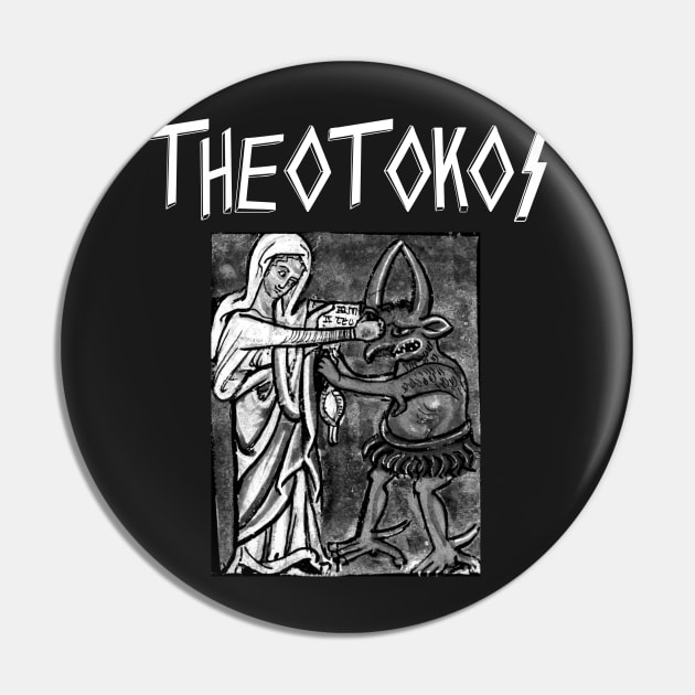 Theotokos Mary Punching The Devil Slayer Parody Pin by thecamphillips