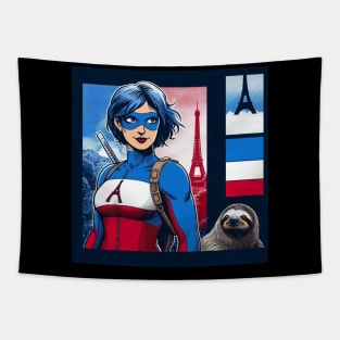 Francais: Female 90's Comic Book Hero with Sloth 2 Tapestry