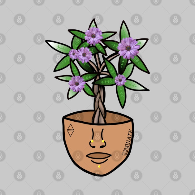 Surreal Money Tree with Purple Daisys, in a Pot Head Planter by Tenpmcreations