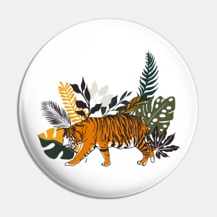 Colorful Tiger Art With Tropical Foliage Pin