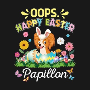 Papillon Dog Bunny Costume Playing Flower Eggs Happy Easter T-Shirt