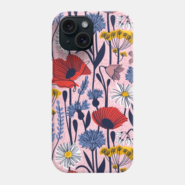 Wild field // pattern // pastel pink background neon red orange shade poppies white daisies denim blue cornflower pink bluebells yellow fennel flowers and other wild flowers meadow plants Phone Case by SelmaCardoso