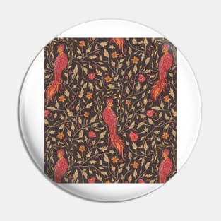 Red phoenix in floral wreath among orange and red flowers Pin