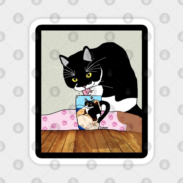 CUTE Tuxedo Cat drink his humans coffee  Copyright TeAnne Magnet by TeAnne