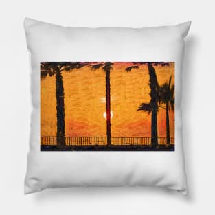 Ocean Sunset Behind A Palm Tree Pillow