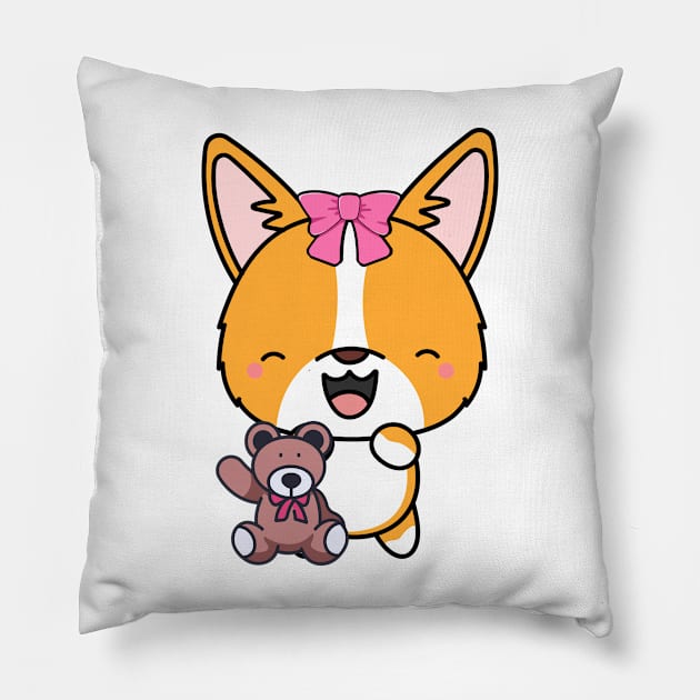 Cute corgi holds a teddy bear Pillow by Pet Station