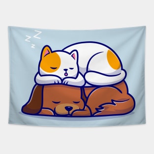 Cute Cat And Dog Sleeping Together Cartoon Tapestry